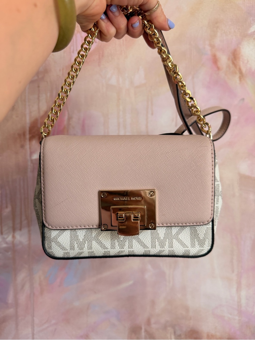 Michael Kors Blush Pink and Vanilla Logo Crossbody with Gold Hardware